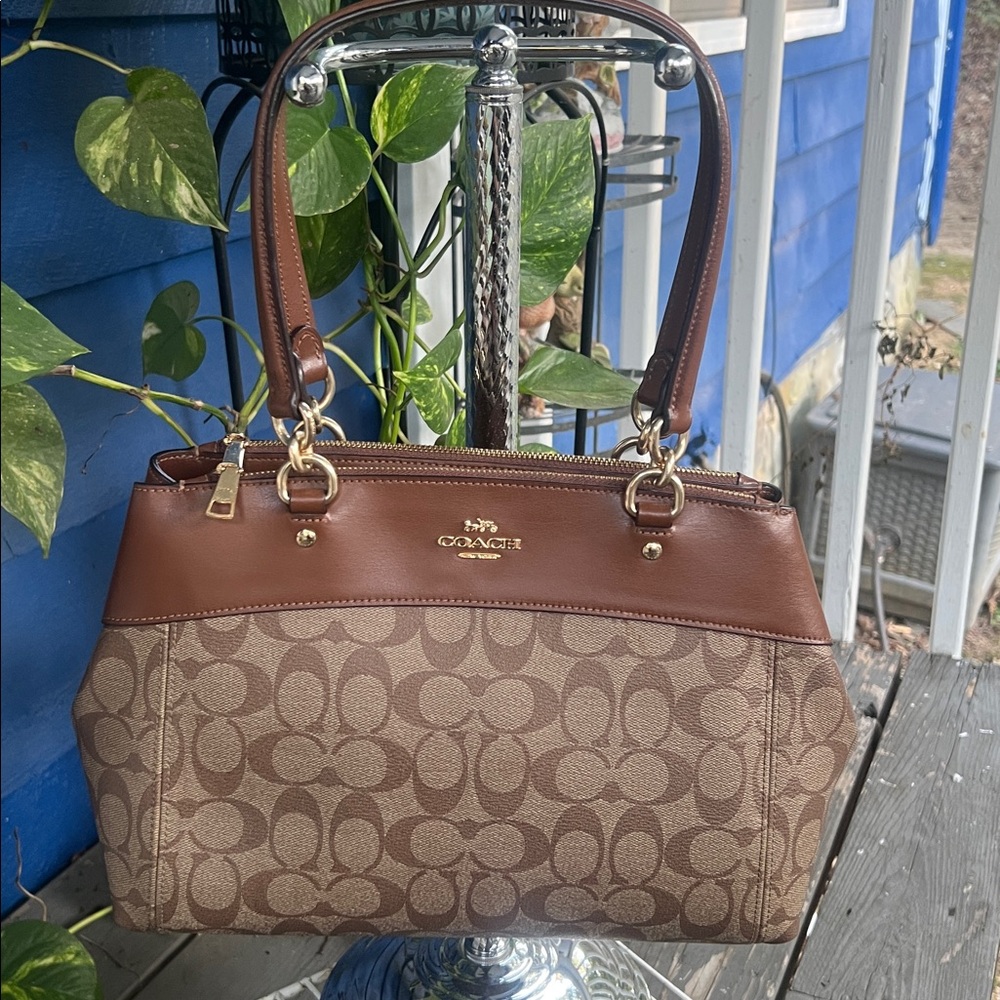 Coach Tan and Brown Signature Handbag